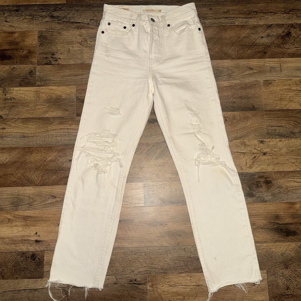 Levi's Womens Wedgie Straight Jeans 24 White Raw Hem Button Fly Premium Distress